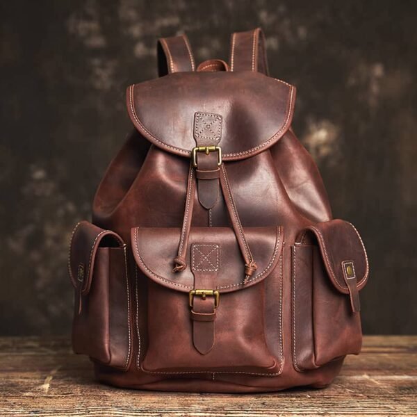 Vintage Leather Backpack | With Flap Drawstring Opening - Image 9