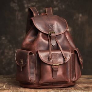 Vintage Leather Backpack | With Flap Drawstring Opening