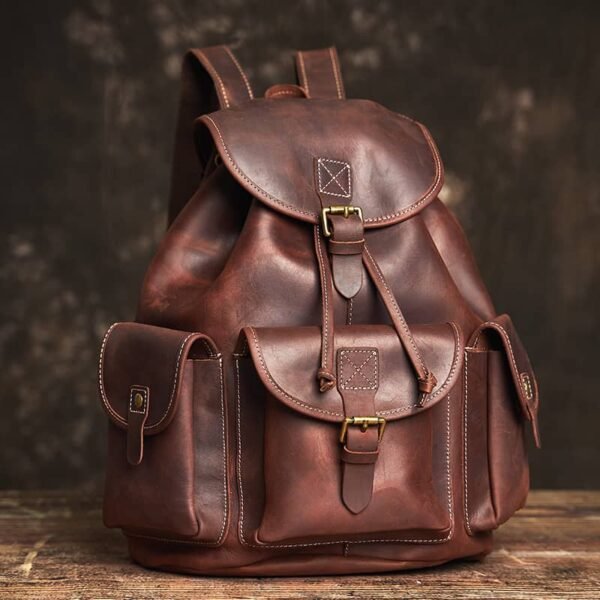 Vintage Leather Backpack | With Flap Drawstring Opening - Image 10