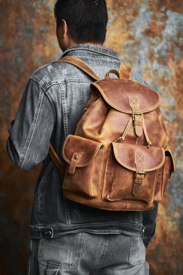 Vintage Leather Backpack | With Flap Drawstring Opening - Image 8