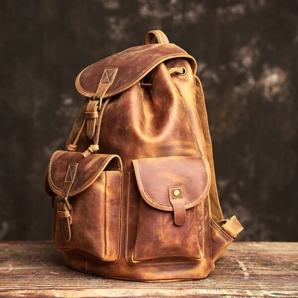 Vintage Leather Backpack | With Flap Drawstring Opening - Image 5