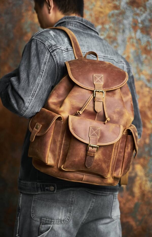 Vintage Leather Backpack | With Flap Drawstring Opening - Image 7