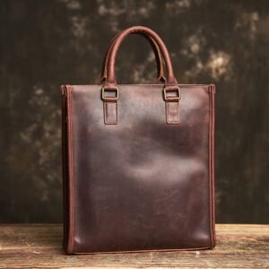 Vintage Leather Handbag | Vertical Genuine Leather Tote Bag