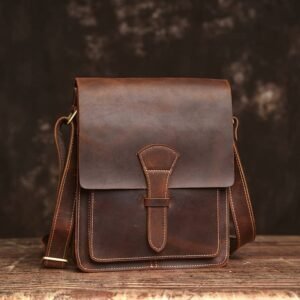Handmade Leather Messenger Bag | Vintage Vertical Shoulder Bag